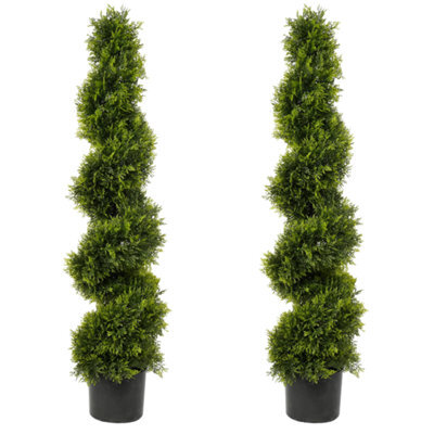 Pair Of Best Artificial 4Ft - 120Cm Green Cedar Spiral Twist Topiary Trees - Suitable For Outdoor Use - image 1