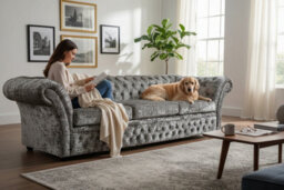 Chesterfield 4 Seater Sofa Settee Lustro Argent Velvet Fabric In Balmoral Style - thumbnail 3