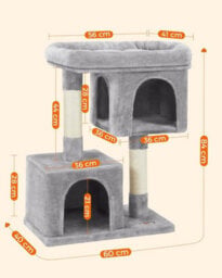 Songmics Cat Condo Tower, Tall Cat Tree, L, Premium Feline Residence, Plush Perch, Twin Caverns, Scratching Post, Light Grey - thumbnail 2