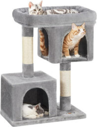 Songmics Cat Condo Tower, Tall Cat Tree, L, Premium Feline Residence, Plush Perch, Twin Caverns, Scratching Post, Light Grey - thumbnail 7