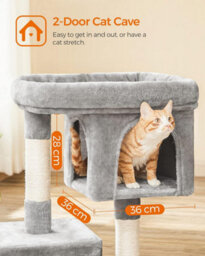 Songmics Cat Condo Tower, Tall Cat Tree, L, Premium Feline Residence, Plush Perch, Twin Caverns, Scratching Post, Light Grey - thumbnail 4