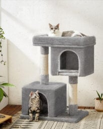 Songmics Cat Condo Tower, Tall Cat Tree, L, Premium Feline Residence, Plush Perch, Twin Caverns, Scratching Post, Light Grey - thumbnail 1