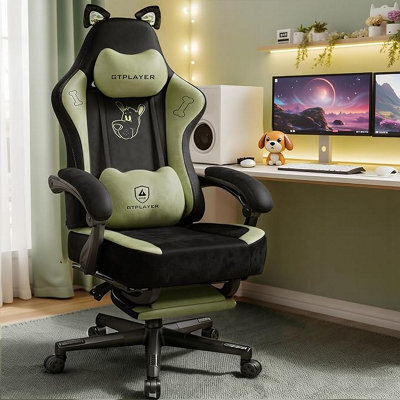 Gtplayer Gaming Chair, High Back Computer Chairs With Footrest And Cat Ears For Adults, Green, Fabric - image 1