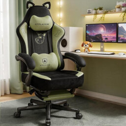 Gtplayer Gaming Chair, High Back Computer Chairs With Footrest And Cat Ears For Adults, Green, Fabric - thumbnail 1