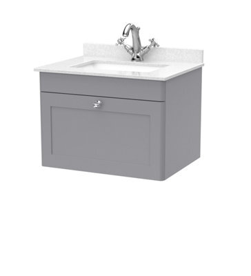 Balterley Swynnerton Traditional 1 Drawer Wall Hung Vanity Unit With Marble Basin, Satin Grey, 600mm - image 1