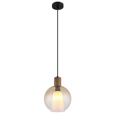 Luminosa Lighting Luminosa Barry I Globe Pendant Ceiling Light Matt Black, Amber Glass Shade, E27 - image 1