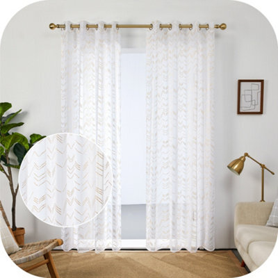 Deconovo Linen Effect Foil Printed Voile Curtains Eyelets Sheer Curtains Net Curtains For Bedroom 55 X 72 Inch White 1 Pair