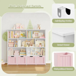 Pink Bookcase Toy Storage Unit Toy Organiser With 4 Drawers On Wheels - thumbnail 3