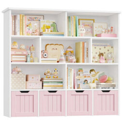 Pink Bookcase Toy Storage Unit Toy Organiser With 4 Drawers On Wheels - thumbnail 5