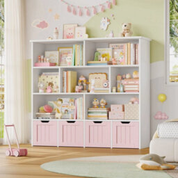 Pink Bookcase Toy Storage Unit Toy Organiser With 4 Drawers On Wheels - thumbnail 6