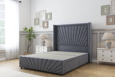 "Sloomy Rutherford Steel Plush Divan Bed2 Drawers Foot-End - 54"" Wingback Headboard & 12""footboard 5' King" - image 1