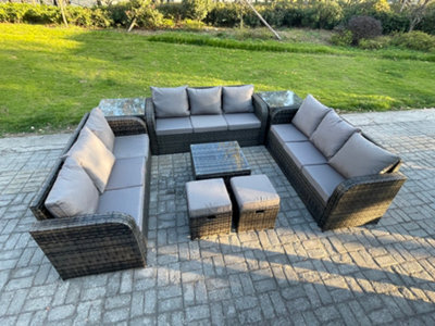 Fimous 11 Seater Rattan Outdoor Furniture Set Patio Garden Sofa Set With Square Coffee Table 3 Seater Sofa 2 Small Footstools - image 1