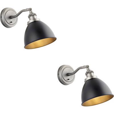 Loops 2 Pack Indoor Aged Pewter Plate Adjustable Wall Light - Matt Black Paint Shade - Dimmable 7W Led E14 - image 1