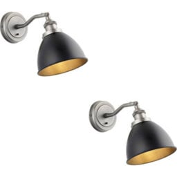 Loops 2 Pack Indoor Aged Pewter Plate Adjustable Wall Light - Matt Black Paint Shade - Dimmable 7W Led E14