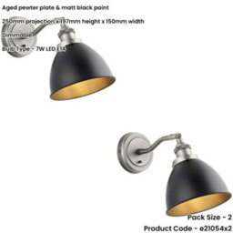 Loops 2 Pack Indoor Aged Pewter Plate Adjustable Wall Light - Matt Black Paint Shade - Dimmable 7W Led E14 - thumbnail 2