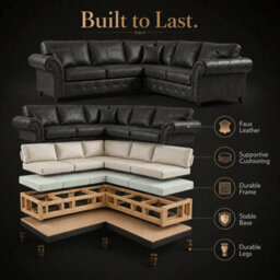 Gamzo Outlet Corner Sofa Full Back Leather Couch With Strong Wooden Frame And Padded Curved Arms - thumbnail 4