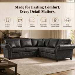 Gamzo Outlet Corner Sofa Full Back Leather Couch With Strong Wooden Frame And Padded Curved Arms - thumbnail 3