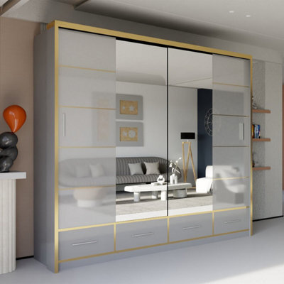 Sliding Wardrobes 4 u LTD Sliding Wardrobes 4U Cardiff High Gloss Mirror Sliding Door Wardrobe In 3 Colors And 2 Sizes (Grey&gold, W2030mm H2200mm) - image 1