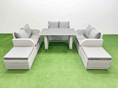 Fimous 8 Seater Patio Garden Furniture Sets With Black Glass Top Dining Table Love Sofa 2 Big Stool Light Grey - image 1