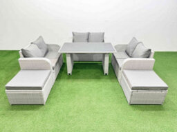 Fimous 8 Seater Patio Garden Furniture Sets With Black Glass Top Dining Table Love Sofa 2 Big Stool Light Grey