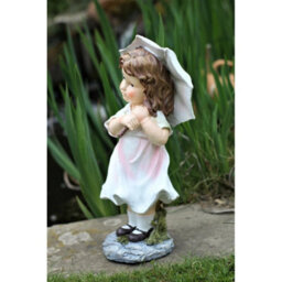 Garden Ornament Large Cherub Ceramic Figure Antique Little Girl & Solar Boy Girl With Umbrella - thumbnail 4