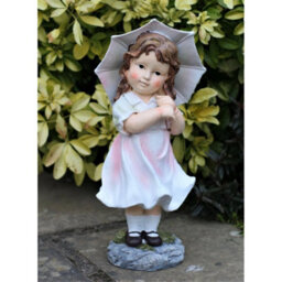 Garden Ornament Large Cherub Ceramic Figure Antique Little Girl & Solar Boy Girl With Umbrella - thumbnail 3