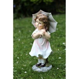 Garden Ornament Large Cherub Ceramic Figure Antique Little Girl & Solar Boy Girl With Umbrella