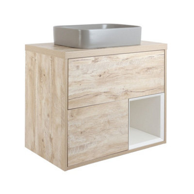 Homestylestore Light Oak 800mm Wall Hung Bathroom Vanity Unit Rectangular Pebble Countertop Basin Open Shelf - image 1