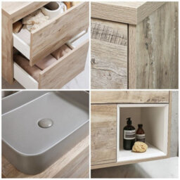 Homestylestore Light Oak 800mm Wall Hung Bathroom Vanity Unit Rectangular Pebble Countertop Basin Open Shelf - thumbnail 2