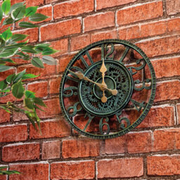 Vintage Open Face Indoor Or Outdoor Clock - Battery Powered Wall Fence Skeleton Clock With Cog & Wheel Design - 30Cm Dia, Green - thumbnail 1