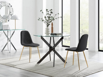 Furniturebox Uk Novara 100Cm Round Black Leg Dining Table & 2 Black Corona Gold Chairs - image 1