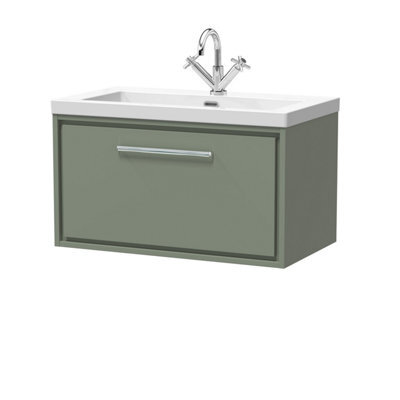 Balterley Longnor Modern Bathroom 1 Soft-Close Drawer Wall Hung Vanity Unit Fireclay Basin, Fern Green, 800mm - image 1