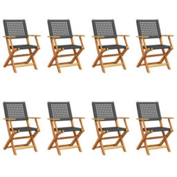 Berkfield Folding Garden Chairs 8 Pcs Black Poly Rattan And Solid Wood - thumbnail 2