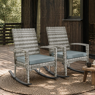 Wyld Haus Noreke Set Of 2 Light Grey Rattan Garden Rocking Chairs With Cushions - image 1