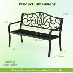 127Cm Black Outdoor Garden Patio Bench With Armrests - thumbnail 2