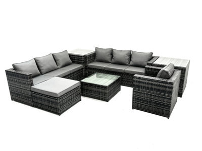 Fimous Rattan Garden Furniture Dining Set 8-Seater Patio Coffee Table Sofa Set With 2 Side Tables Big Stool Dark Grey Mixed - image 1