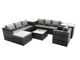 Fimous Rattan Garden Furniture Dining Set 8-Seater Patio Coffee Table Sofa Set With 2 Side Tables Big Stool Dark Grey Mixed - thumbnail 1