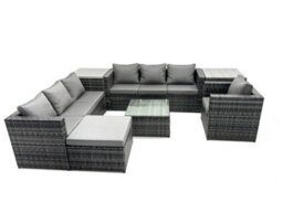 Fimous Rattan Garden Furniture Dining Set 8-Seater Patio Coffee Table Sofa Set With 2 Side Tables Big Stool Dark Grey Mixed - thumbnail 2