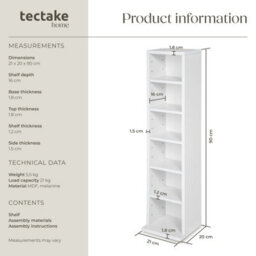 Tectake Cd Dvd Storage Tower Media Display Unit Adjustable Shelves Wood Effect 102 Cds Or 27 Dvds  - White - thumbnail 6