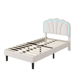 Btm Single Upholstered Bed Led Shell Headboard Velvet Frame Wood Slat Cream White No Box Spring Needed - thumbnail 9