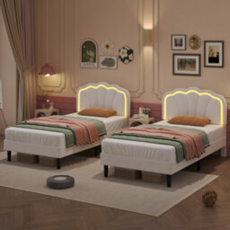 Btm Single Upholstered Bed Led Shell Headboard Velvet Frame Wood Slat Cream White No Box Spring Needed - thumbnail 1