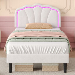 Btm Single Upholstered Bed Led Shell Headboard Velvet Frame Wood Slat Cream White No Box Spring Needed - thumbnail 2