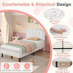 Btm Single Upholstered Bed Led Shell Headboard Velvet Frame Wood Slat Cream White No Box Spring Needed - thumbnail 5