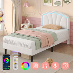 Btm Single Upholstered Bed Led Shell Headboard Velvet Frame Wood Slat Cream White No Box Spring Needed - thumbnail 3