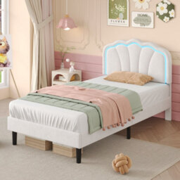 Btm Single Upholstered Bed Led Shell Headboard Velvet Frame Wood Slat Cream White No Box Spring Needed - thumbnail 4