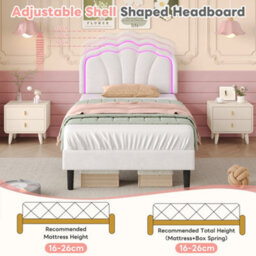 Btm Single Upholstered Bed Led Shell Headboard Velvet Frame Wood Slat Cream White No Box Spring Needed - thumbnail 7