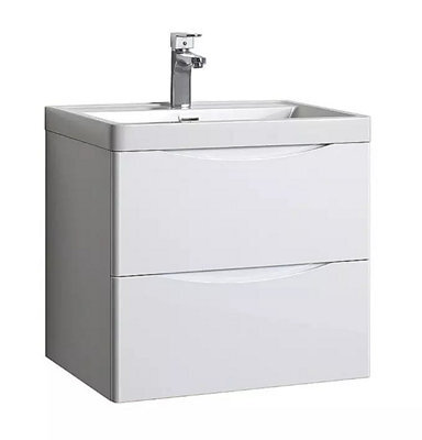 D Pro T Bathrooms 500mm High Gloss White Wall Hung Bathroom Smile Vanity Unit Soft Close Drawer With Ceramic Basin