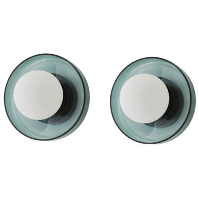 Valuelights Newbury Pair Of Jade Green Glass Ip44 Flush Wall Lights - image 1
