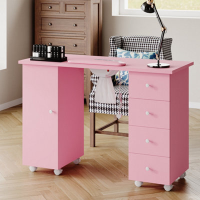 Living And Home Pink Mobile 4 Drawers Manicure Table With Built-In Dust Collector And Lockable Casters, 110Cm W X 45Cm D X 75Cm H - image 1