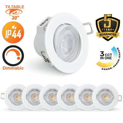Paul Russells Led Downlight White Dimmable Tilt Recessed Ceiling Spotlight 6W 570 Lumens, Ip44, Colour Changeable Cct3 Pack Of 6 - image 1